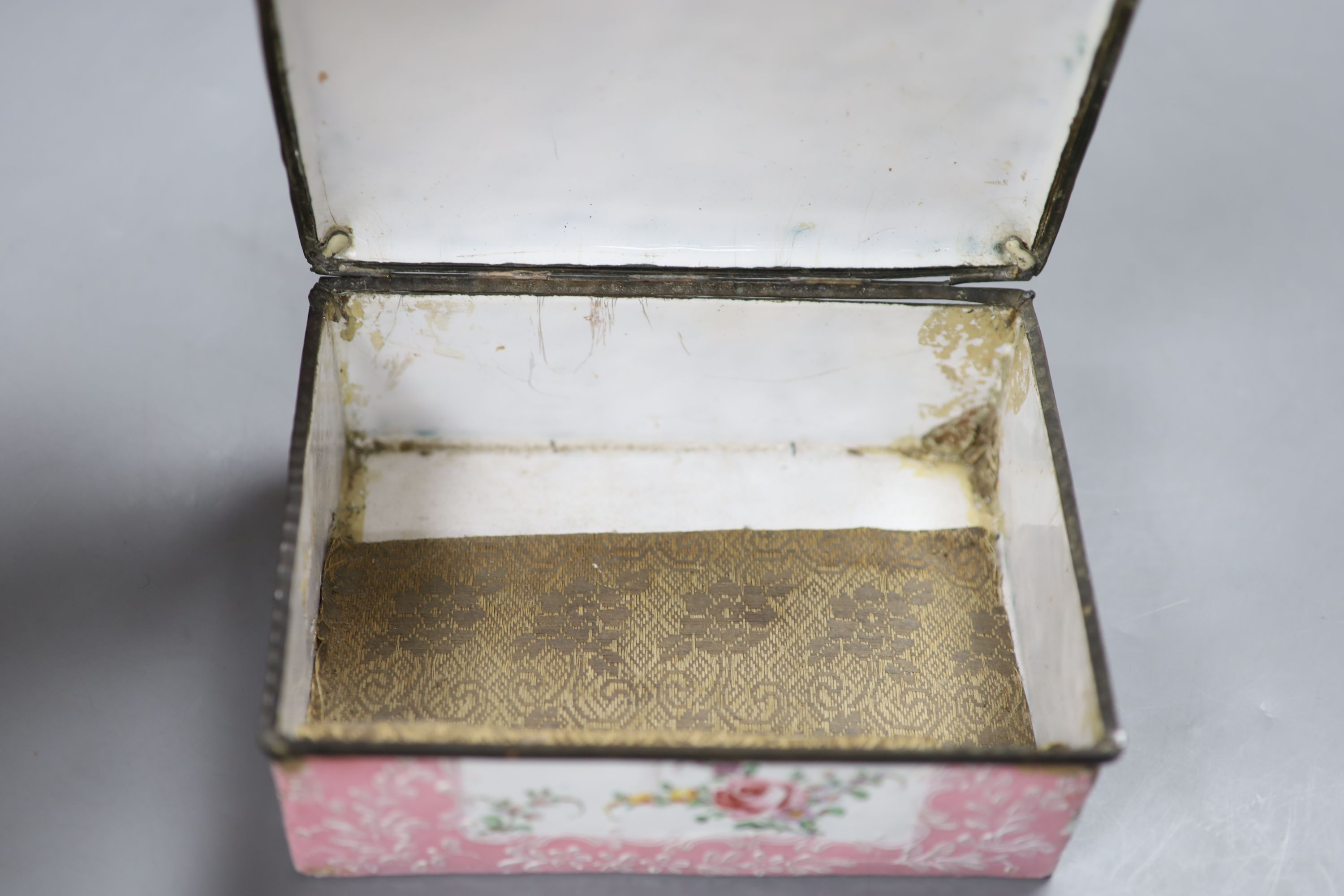 A French pink ground enamel box, length 19cm (a.f.)